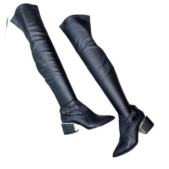 Beau + Ashe Arelis Over the Knee Heeled Black Boots Women's 6 Moto Block Heel - Picture 1 of 10